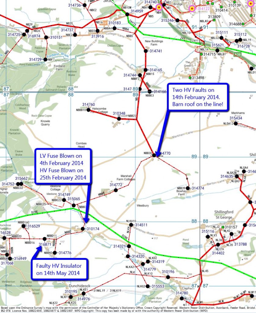WPD map of 11 kV (red) and 33 kV (green) cables south and west of Exeter WPD map of 11 kV (red) and 33 kV (green) cables south and west of Exeter